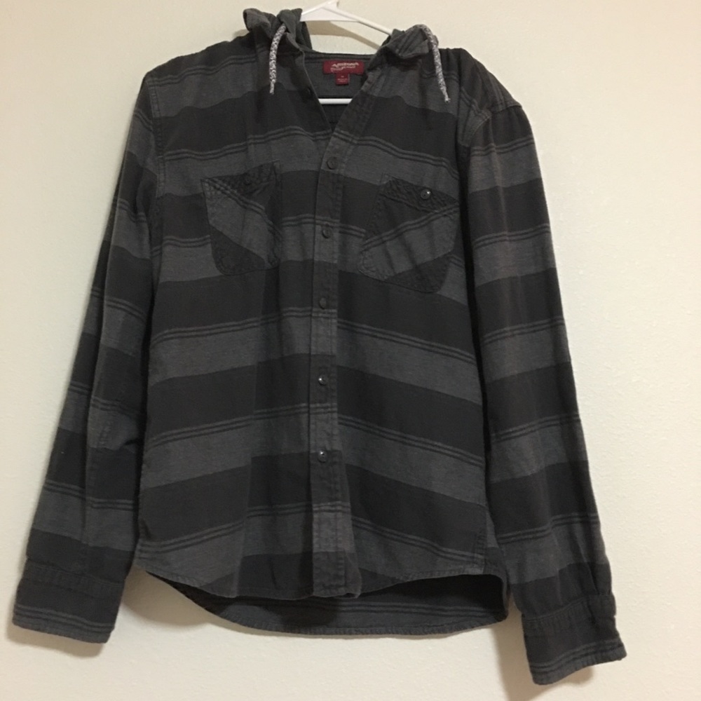 Black Grey Button up Shirt with hoodie
